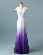 V Neck Ombre Prom Dresses A-Line Wedding Prom Gowns