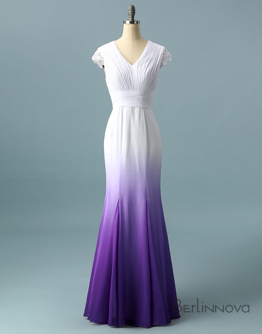 V Neck Ombre Prom Dresses A-Line Wedding Prom Gowns