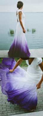 V Neck Ombre Prom Dresses A-Line Wedding Prom Gowns