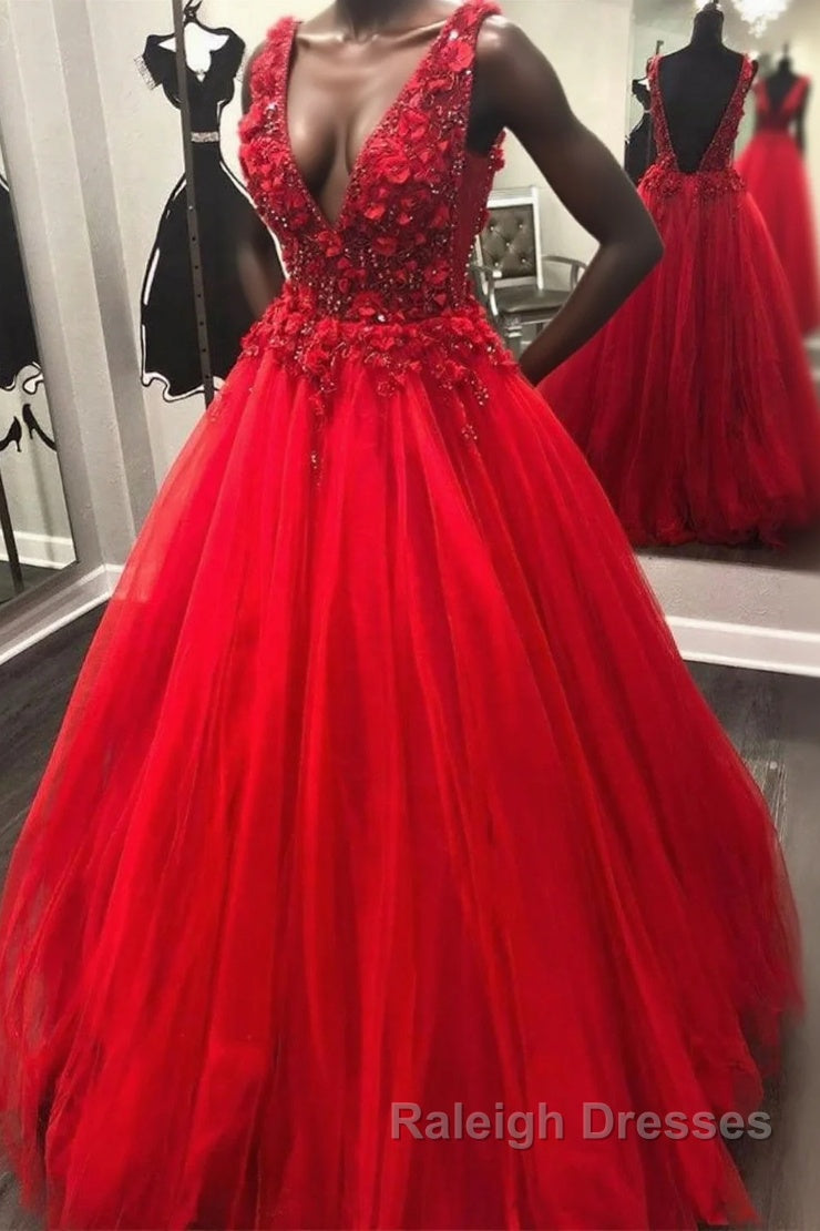 V Neck Open Back Beading Red Long Prom Dress with 3D Flower, V Neck Red Formal Dress, Red Evening Dress Main image