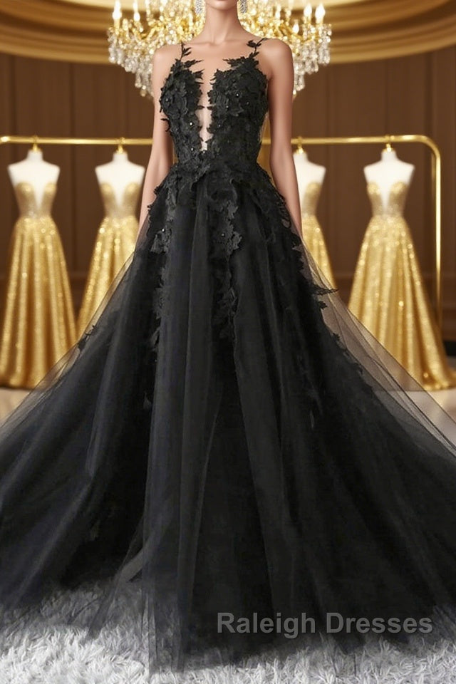 V Neck Open Back Black Tulle Lace Floral Long Prom Dresses, Black Lace Formal Evening Dresses with Appliques Main image