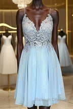 V Neck Open Back Blue Lace Short Prom Dresses, Blue Lace Homecoming Dresses, Short Blue Formal Evening Dresses