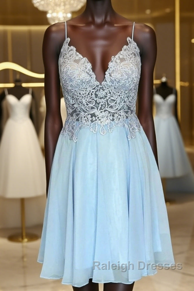V Neck Open Back Blue Lace Short Prom Dress Blue Lace Homecoming Dress Short Blue Prom Dress Main image