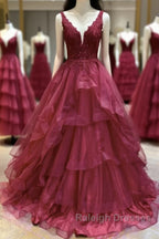 V Neck Open Back Burgundy Lace Long Prom Dress, Burgundy Lace Formal Evening Dress, Burgundy Ball Gown