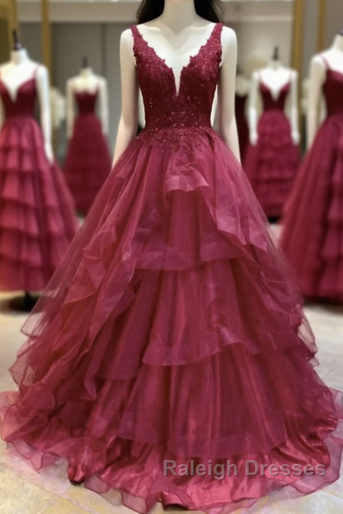 V Neck Open Back Burgundy Lace Long Prom Dress, Burgundy Lace Formal Evening Dress, Burgundy Ball Gown