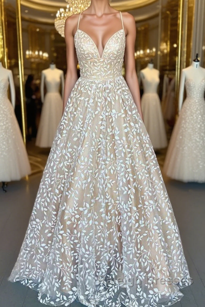 V Neck Open Back Champagne Lace Long Prom Dresses Champagne Lace Prom Graduation Prom Dresses
