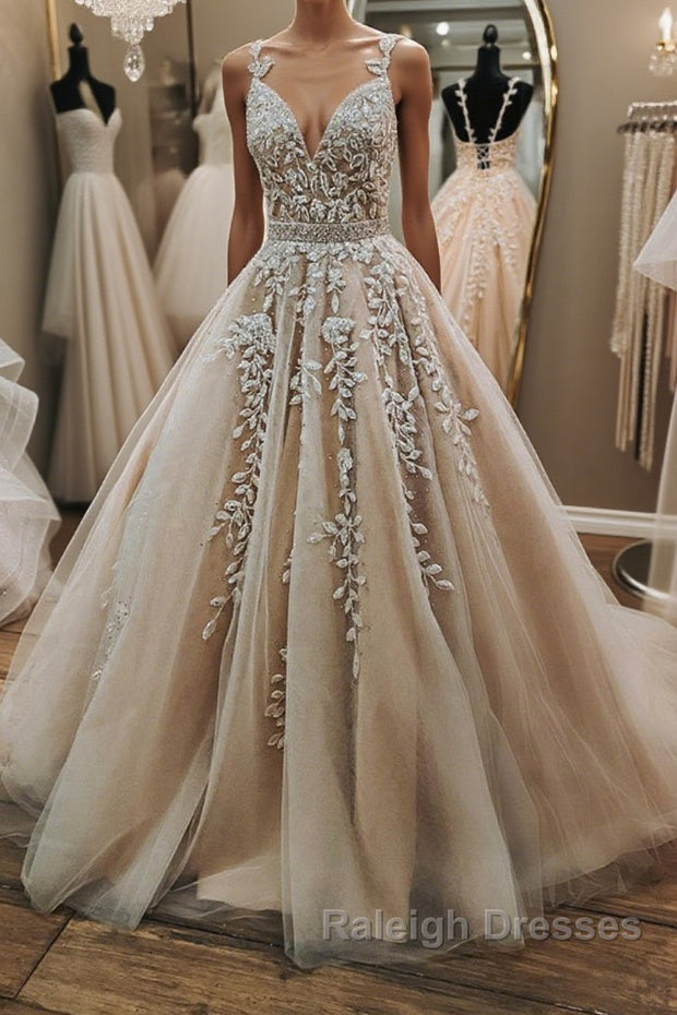 V Neck Open Back Champagne Tulle Lace Long Prom Dress with Belt, Champagne Lace Formal Evening Dress, Champagne Ball Gown