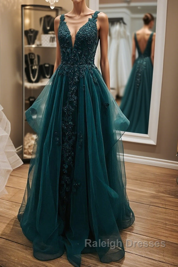 V Neck Open Back Dark Green Lace Beaded Long Prom Dresses, Dark Green Lace Formal Dresses, Dark Green Evening Dresses Main image