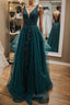 V Neck Open Back Dark Green Lace Beaded Long Prom Dresses, Dark Green Lace Formal Dresses, Dark Green Evening Dresses