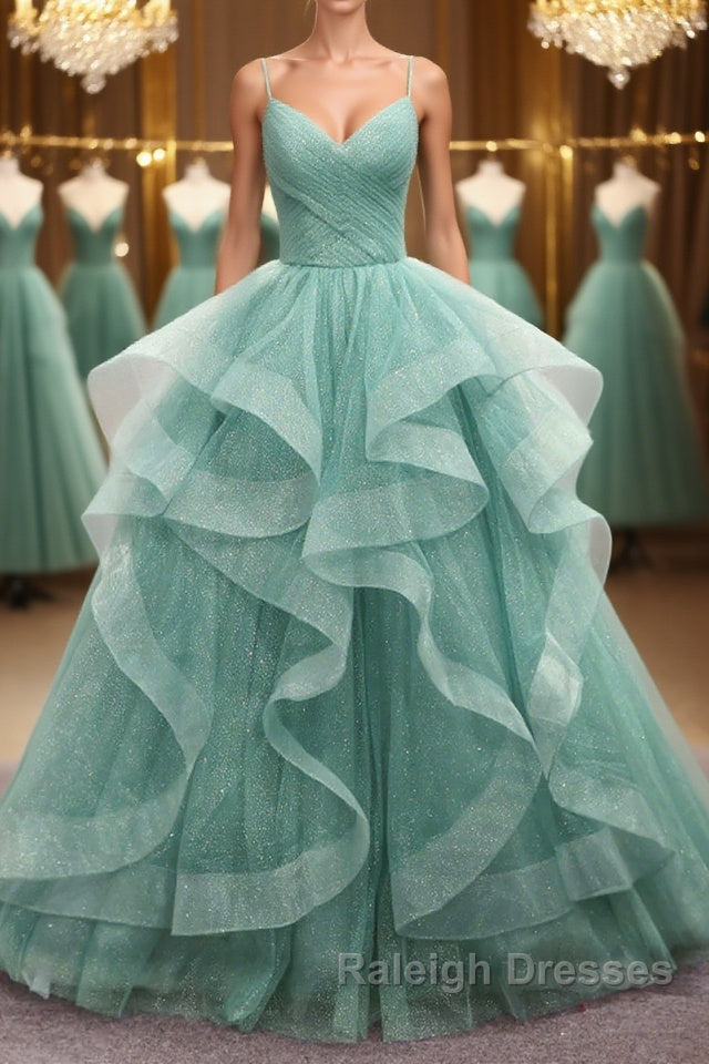 V Neck Open Back Fluffy Green Tulle Long Prom Dresses, Green Formal Evening Dresses, Ball Gown