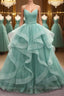 V Neck Open Back Fluffy Green Tulle Long Prom Dresses, Green Formal Evening Dresses, Ball Gown