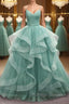 V Neck Open Back Fluffy Green Tulle Long Prom Dress Green Prom Dress Ball Gown