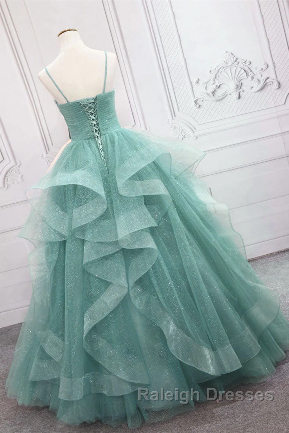 V Neck Open Back Fluffy Green Tulle Long Prom Dresses, Green Formal Evening Dresses, Ball Gown Secondary image