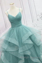 V Neck Open Back Fluffy Green Tulle Long Prom Dress Green Prom Dress Ball Gown