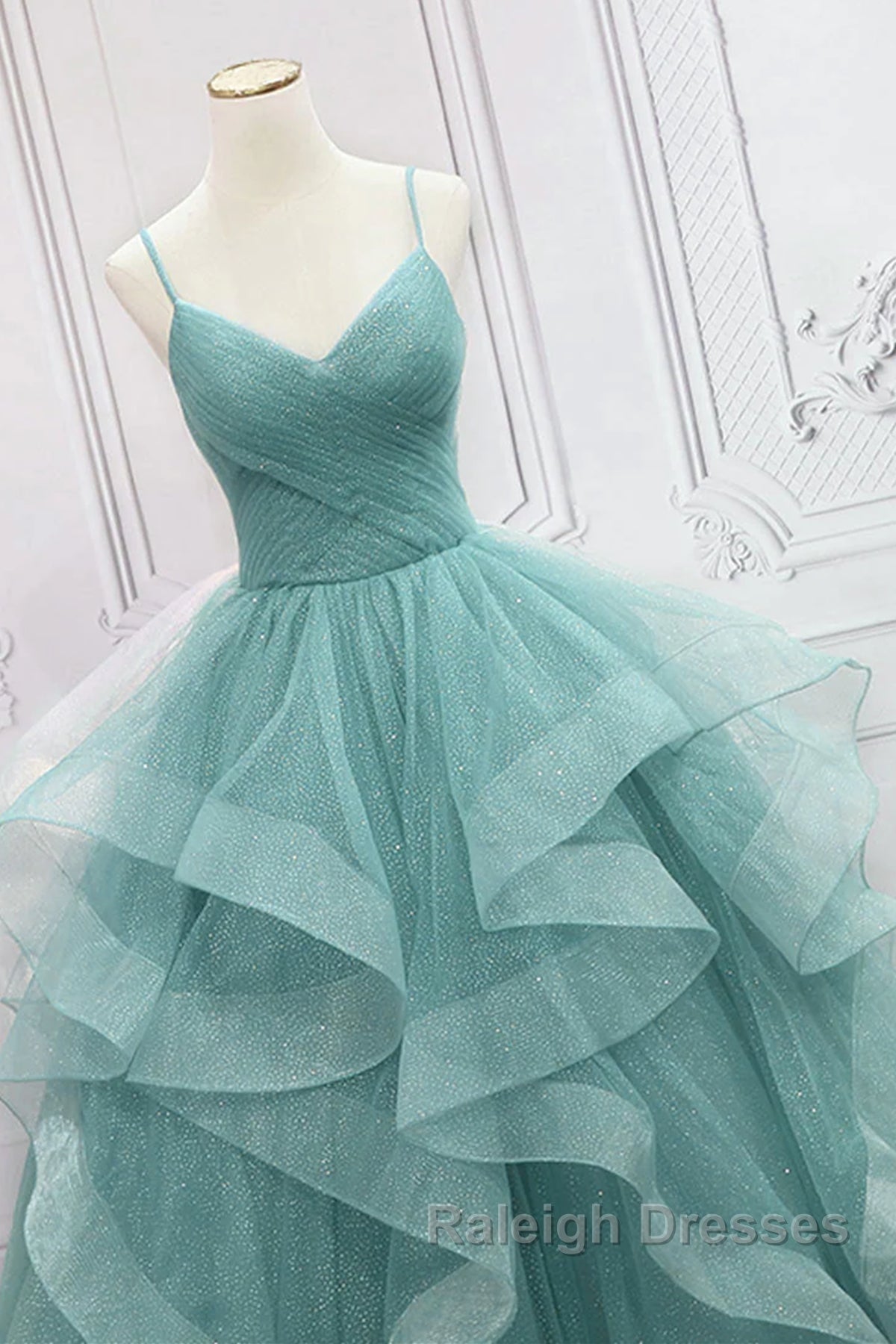 V Neck Open Back Fluffy Green Tulle Long Prom Dress Green Prom Dress Ball Gown
