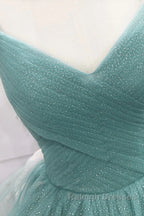 V Neck Open Back Fluffy Green Tulle Long Prom Dress Green Prom Dress Ball Gown