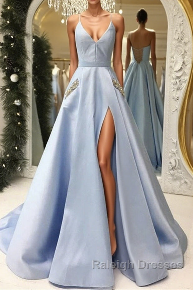 V Neck Open Back Light Blue Satin Long Prom Dresses with Pocket Main image