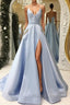 V Neck Open Back Light Blue Satin Long Prom Dresses with Pocket
