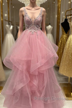 V Neck Open Back Pink Lace Puffy Tulle Long Prom Dresses, Pink Lace Formal Dresses, Pink Evening Dresses