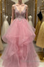 V Neck Open Back Pink Lace Puffy Tulle Long Prom Dresses, Pink Lace Formal Dresses, Pink Evening Dresses
