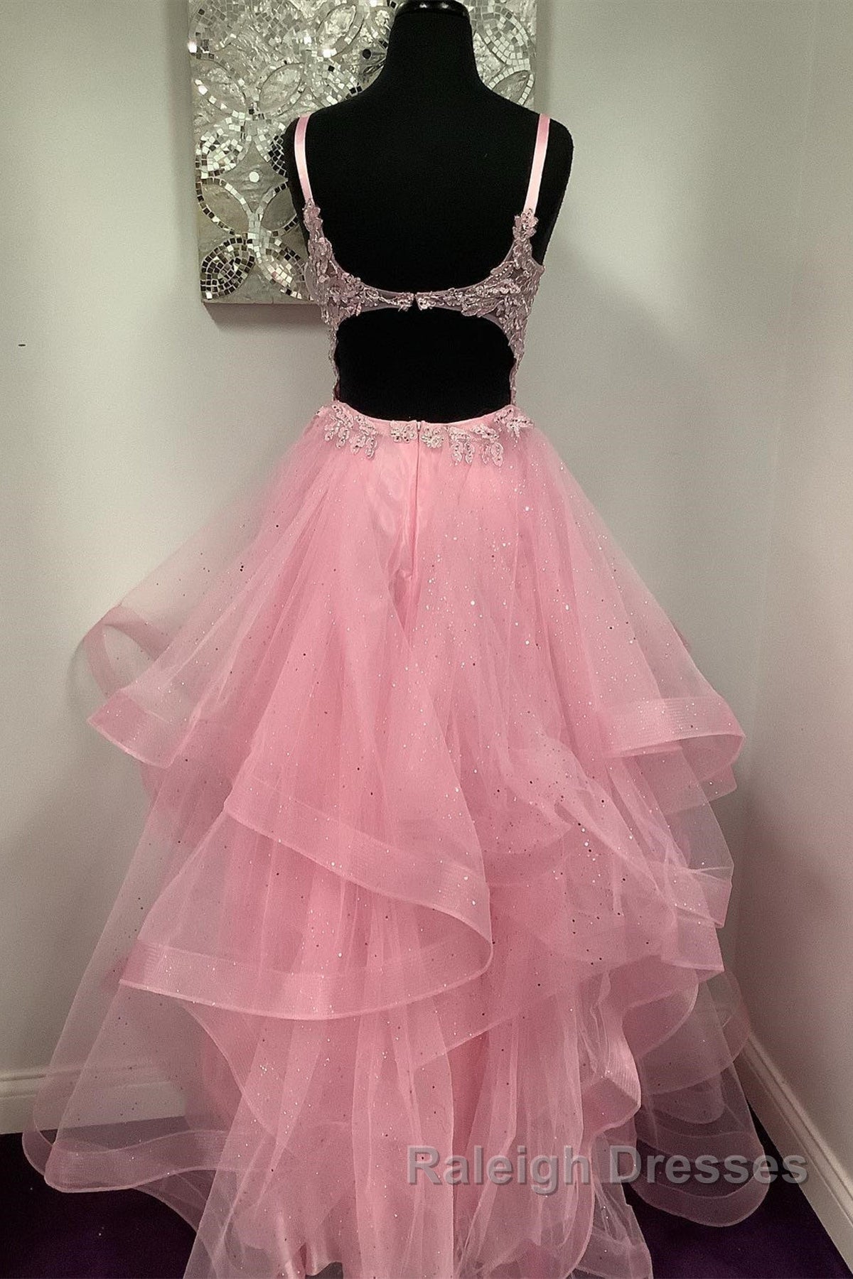 V Neck Open Back Pink Lace Puffy Tulle Long Prom Dresses, Pink Lace Formal Dresses, Pink Evening Dresses