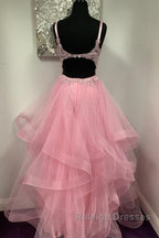 V Neck Open Back Pink Lace Puffy Tulle Long Prom Dress Pink Lace Prom Dress Pink Prom Dress