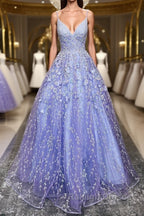 V Neck Open Back Purple Lace Floral Long Prom Dress, Purple Lace Floral Formal Evening Dress