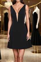 V Neck Open Back Short Black Prom Dress V Neck Black Homecoming Dress Black Prom Dress