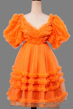V-Neck Orange Ruffled Short Homecoming Dress with Puff Sleeves