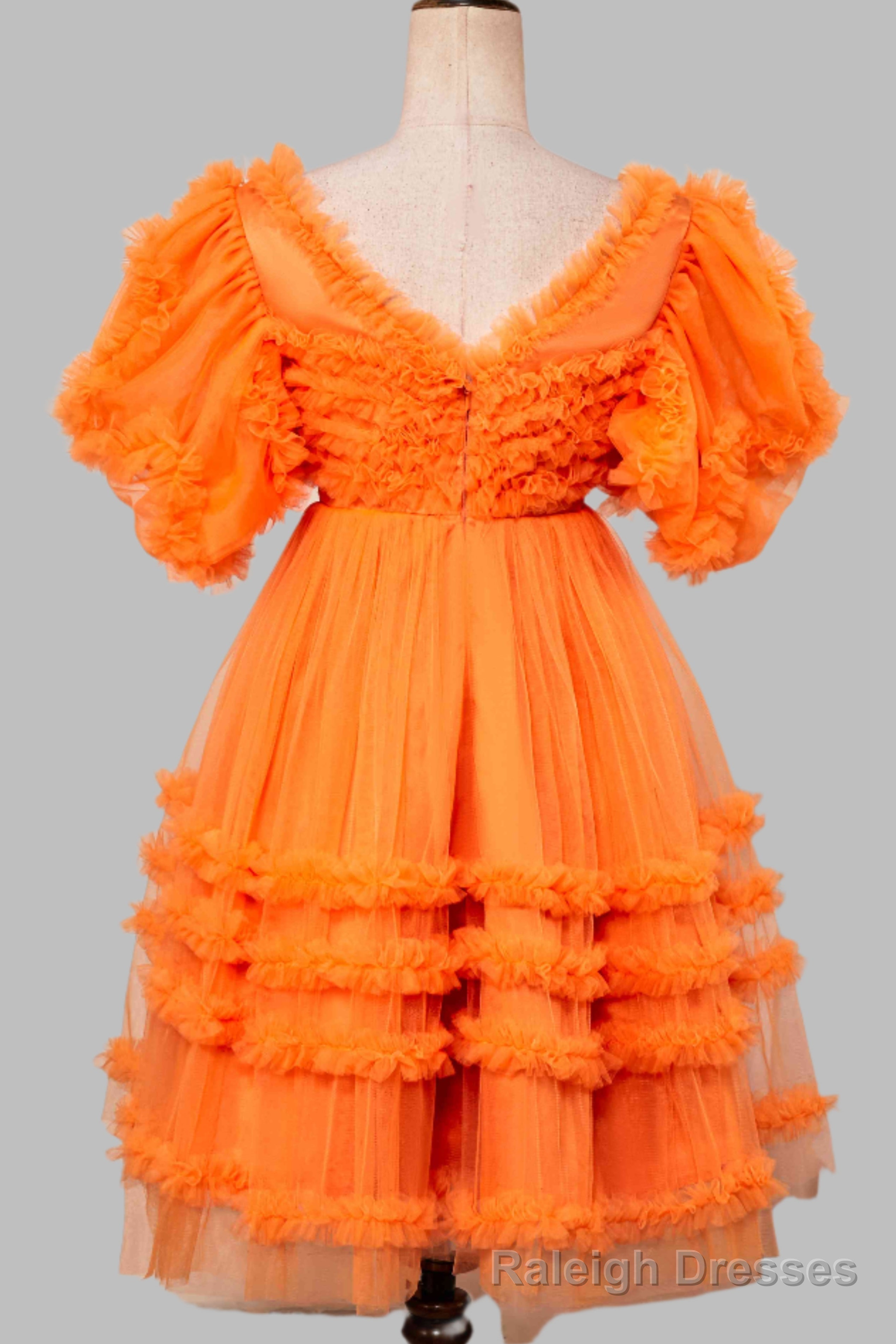 V Neck Orange Ruffled Short Homecoming Dress with Puff Sleeves Secondary image