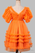 V Neck Orange Ruffled Short Homecoming Dress with Puff Sleeves