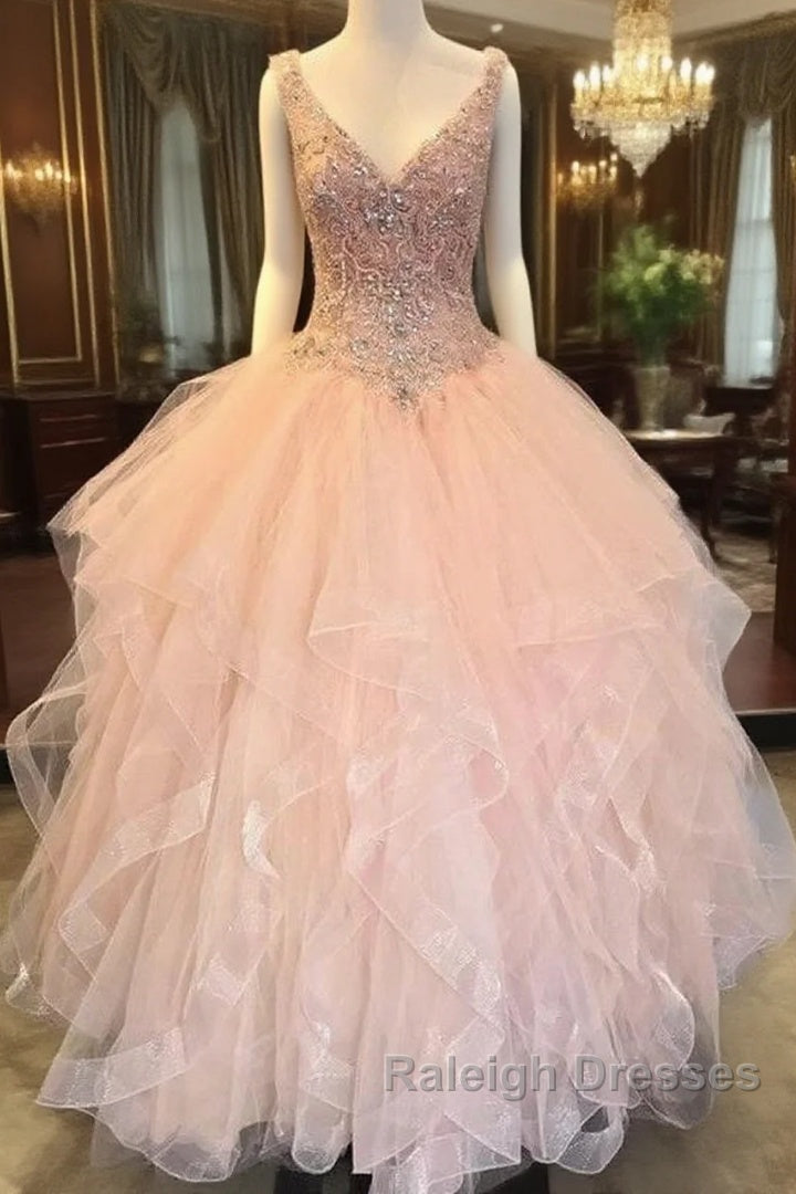 V Neck Organza Ruffles Ball Gown Quinceanera Dresses