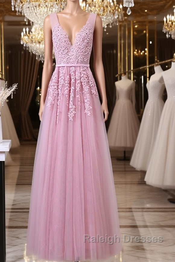 V Neck Pink Lace Prom Dresses, Pink V Neck Lace Bridesmaid Formal Dresses Main image