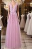 V Neck Pink Lace Prom Dress Pink V Neck Lace Bridesmaid Prom Dress