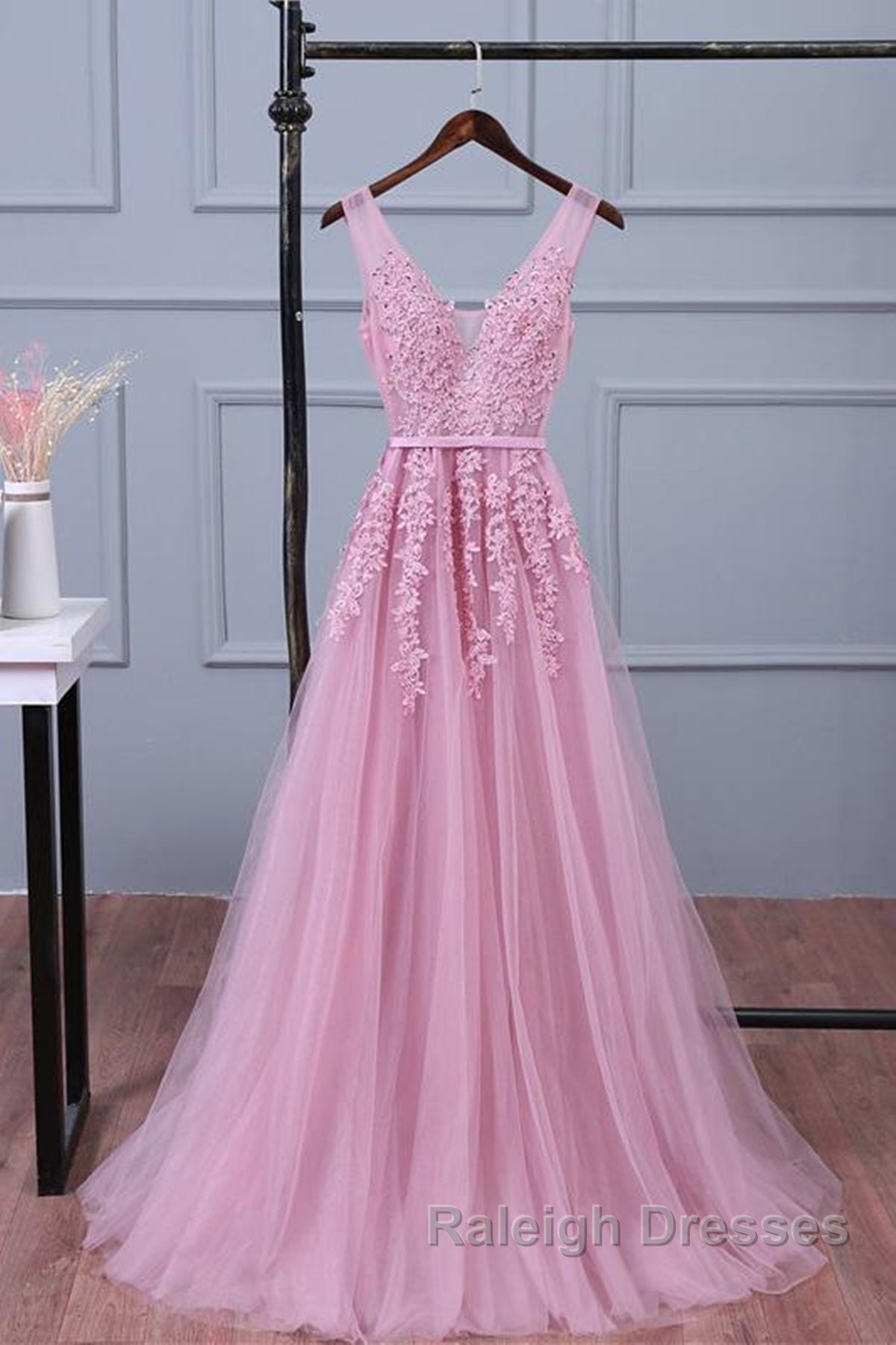 V Neck Pink Lace Prom Dress Pink V Neck Lace Bridesmaid Prom Dress