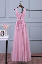 V Neck Pink Lace Prom Dress Pink V Neck Lace Bridesmaid Prom Dress