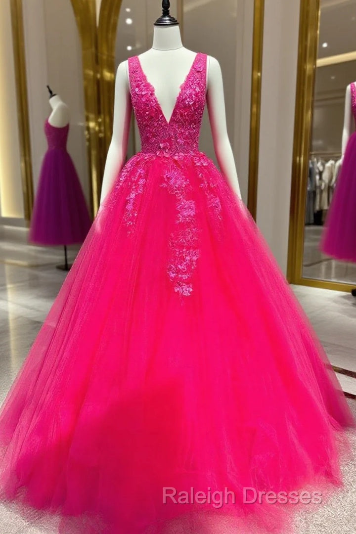 V Neck Pink Lace Prom Dresses, Pink V Neck Long Lace Formal Evening Dresses Main image