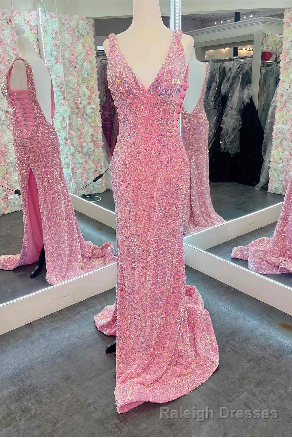 V Neck Pink Sequin Long Prom Dress with Slit Main image