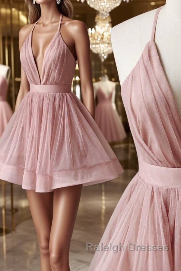 V Neck Pink Short Prom Dresses, Pink Homecoming Dresses, Short Pink Formal Evening Dresses Main image
