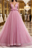 V Neck Pink Tulle Prom Dresses with Train, Pink Long Formal Evening Graduation Dresses