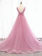 V Neck Pink Tulle Prom Dresses with Train, Pink Long Formal Evening Graduation Dresses