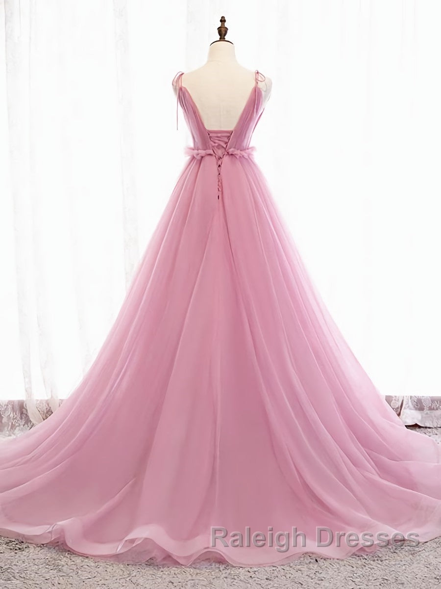 V Neck Pink Tulle Prom Dresses with Train, Pink Long Formal Evening Graduation Dresses