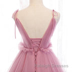 V Neck Pink Tulle Prom Dresses with Train, Pink Long Formal Evening Graduation Dresses