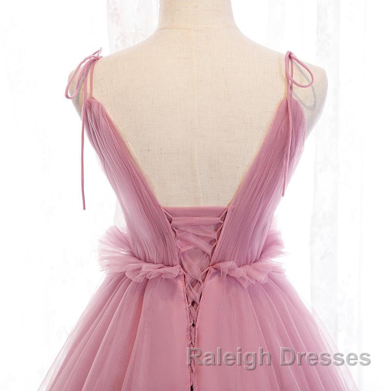 V Neck Pink Tulle Prom Dresses with Train, Pink Long Formal Evening Graduation Dresses