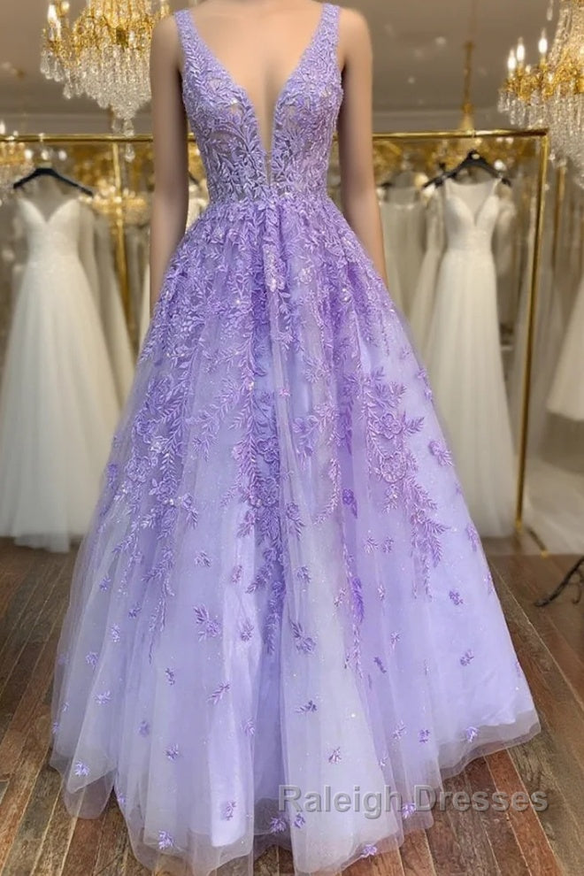 V Neck Purple Lace Long Prom Dress, Long Purple Lace Formal Dress, Lilac Lace Evening Dress