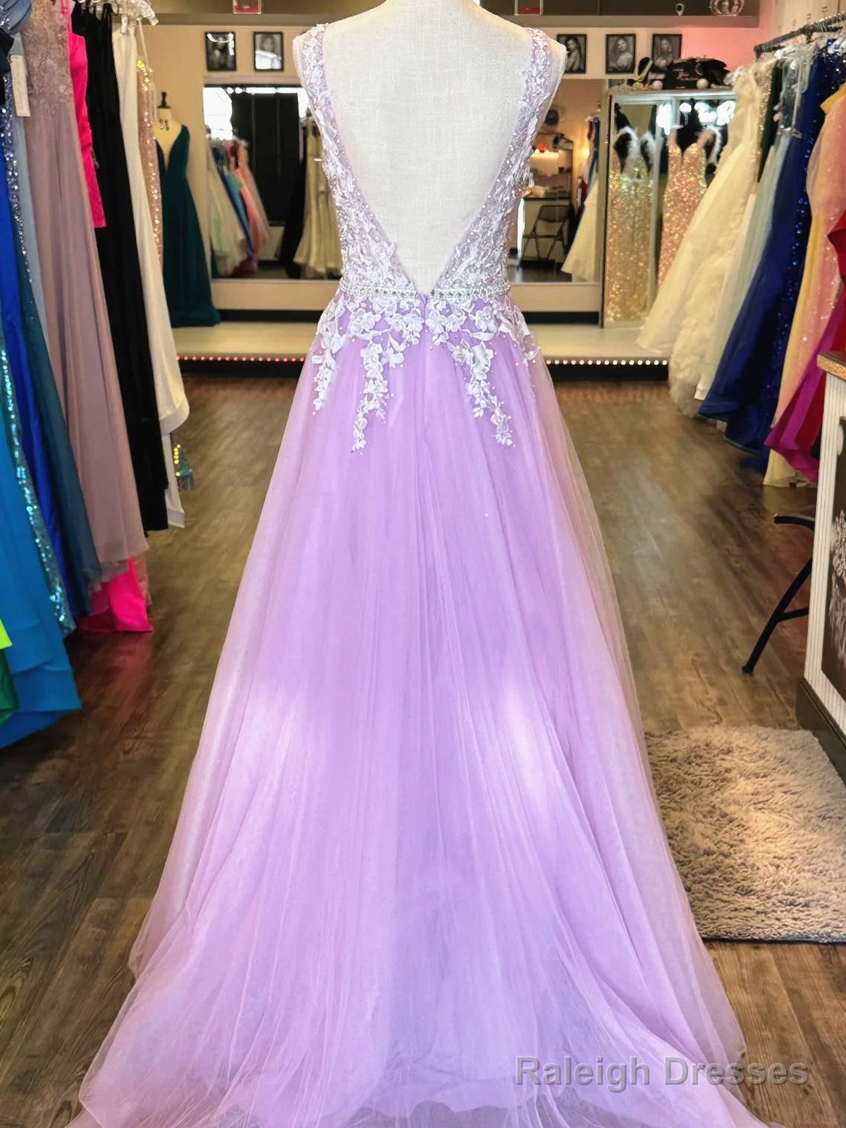 V Neck Purple Long Lace Prom Dresses, Lilac Purple Long Lace Formal Evening Dresses