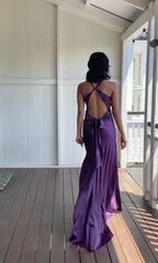 V-Neck Purple Satin And Floor Length Prom Dress Prom Gowns
