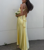 V-Neck Purple Satin And Floor Length Prom Dress Prom Gowns
