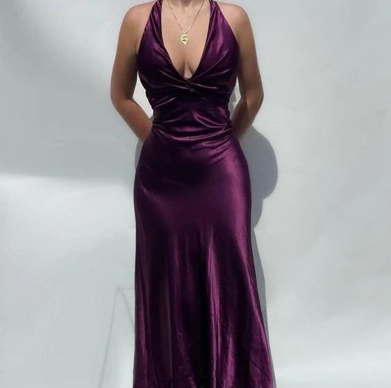 V-Neck Purple Satin And Floor Length Prom Dress Prom Gowns