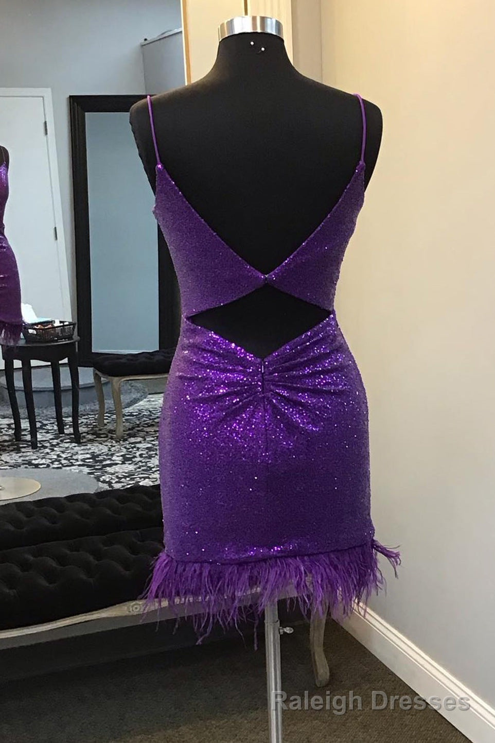 V Neck Purple Sequins Homecoming Dress with Feather Hem Secondary image